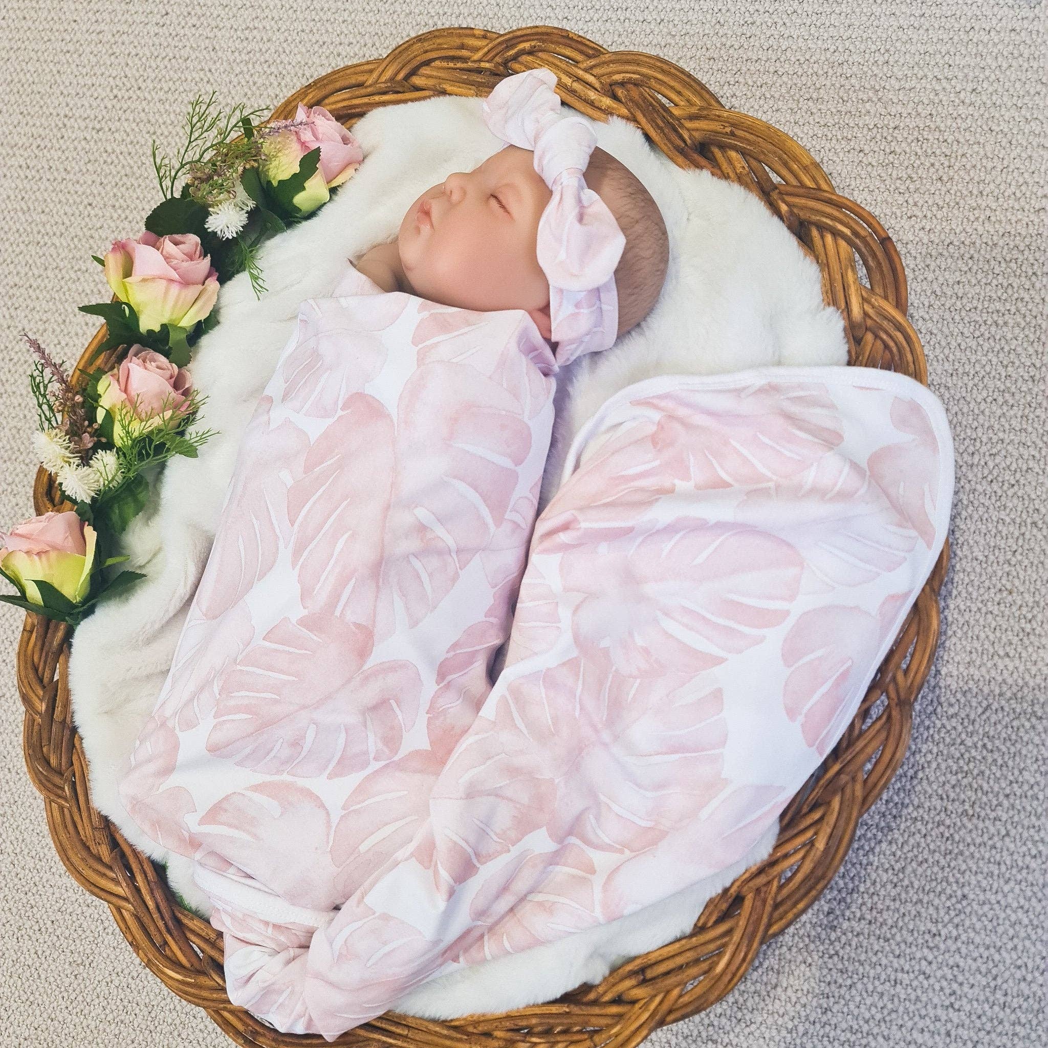 Minky Myles - Wholesale Swaddle Set - Baby - Pink palm blanket with headband - swaddle set5