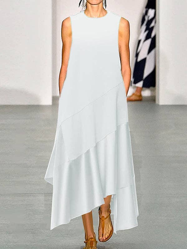 Chicto - Venta al por mayor Vestido - Mujer - Vestidos maxi con cuello redondo, bolsillos asimétricos, sueltos, con volantes y corte en línea A.