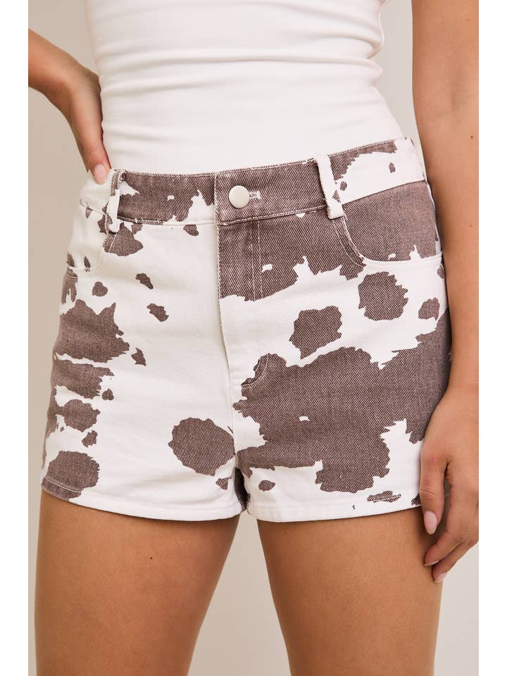 WHITE BROWN ANIMAL COW PRINT SHORTS for wholesale on Faire