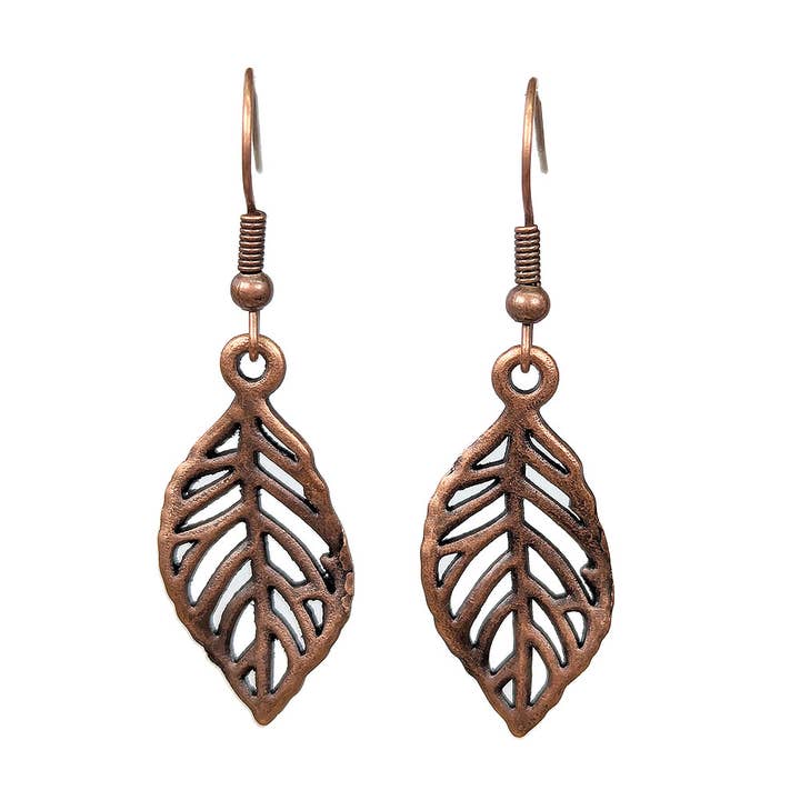 Hollow Crinkled Leaf Antique Copper Earrings for wholesale by Stylish Jewelry Supply