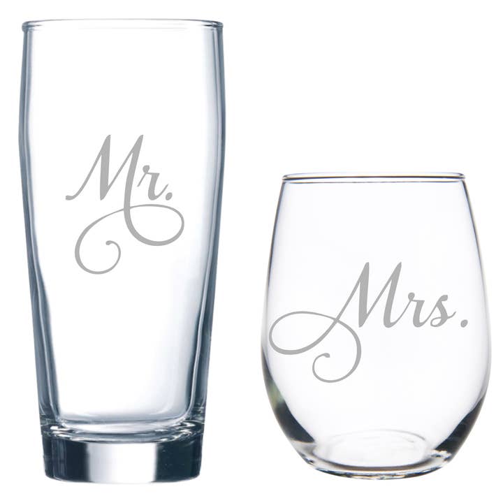 Mr. and Mrs. Etched Stemless Wine & Beer Glass Set for wholesale by C&M Personal Gifts
