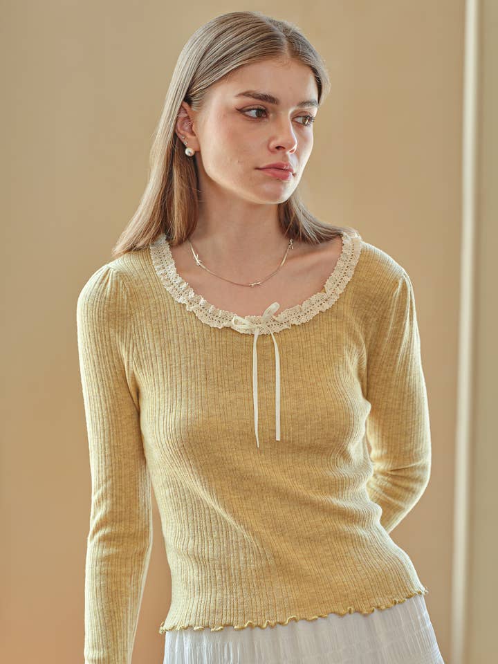 RP2549 - Knit Top with Lace and Ribbon (Mustard Yellow) for wholesale by ROSIE POSIE
