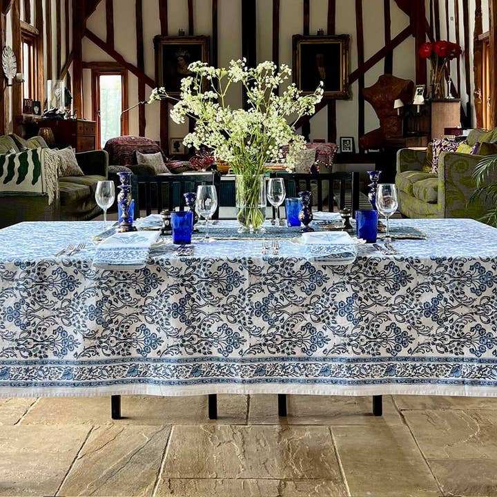 Nilaya Blue Blockprint Tablecloth for wholesale by FARO
