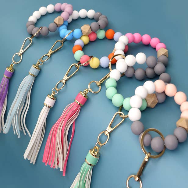 JOSSLYN by wall to wall - Wholesale Keychain Bracelet - SOFTEST RUBBERY BEAD TASSEL BRACELET KEY HOLDER | 40KC103