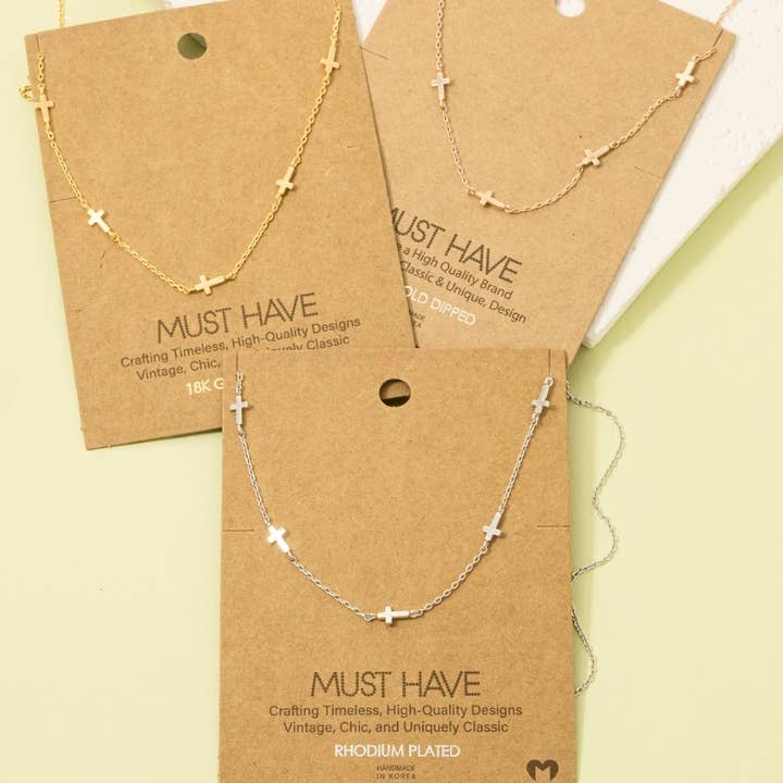 Fame Accessories - Wholesale Pendant/Charm Necklace - Gold Dipped Dainty Cross Station Necklace