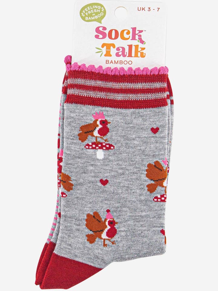 Sock Talk - Vendita all'ingrosso Calzini - Donna - Calze da donna in bambù - Grigio chiaro/Rosso, Pettirossi festaioli3