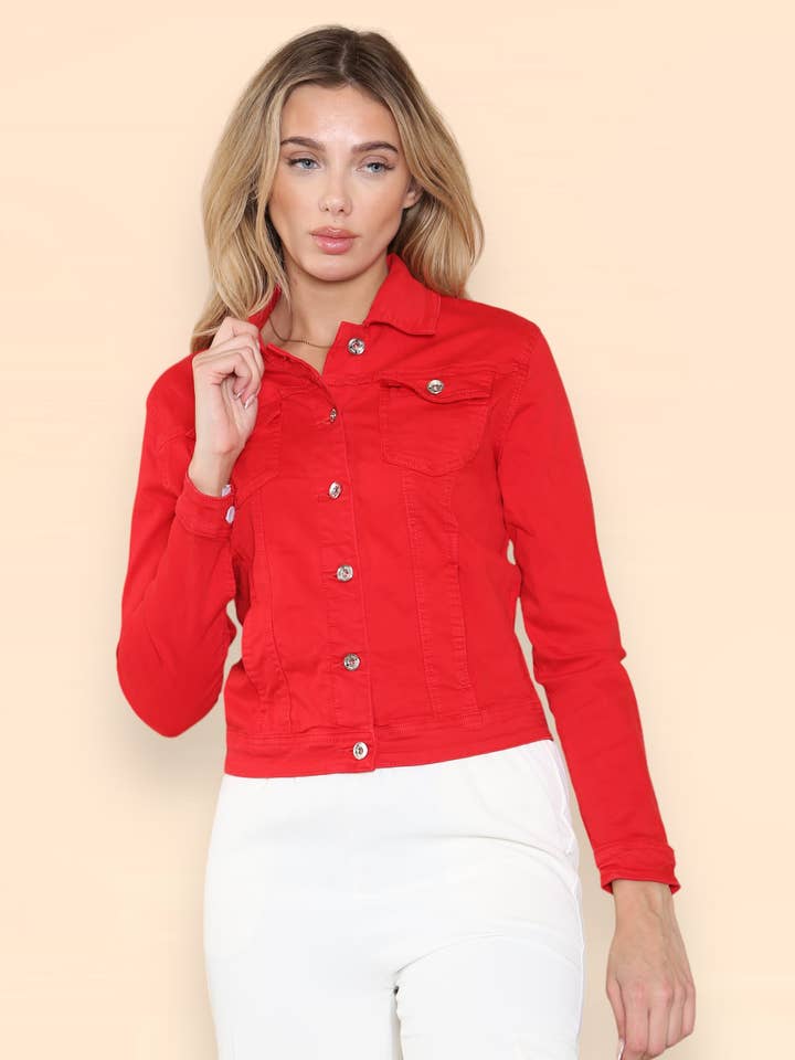 Red Washed Denim Cotton Stretch Jacket for wholesale by Kurt Muller