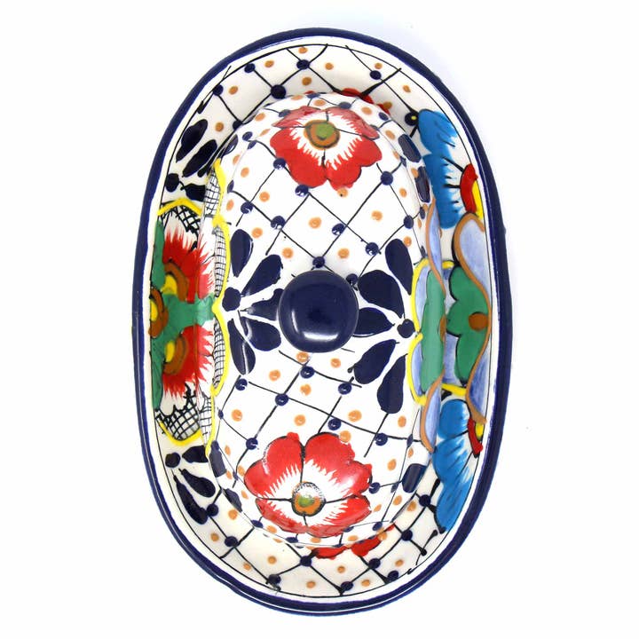 Global Crafts - Wholesale Butter Dish - Encantada Handmade Pottery Butter Dish, Dots & Flowers
