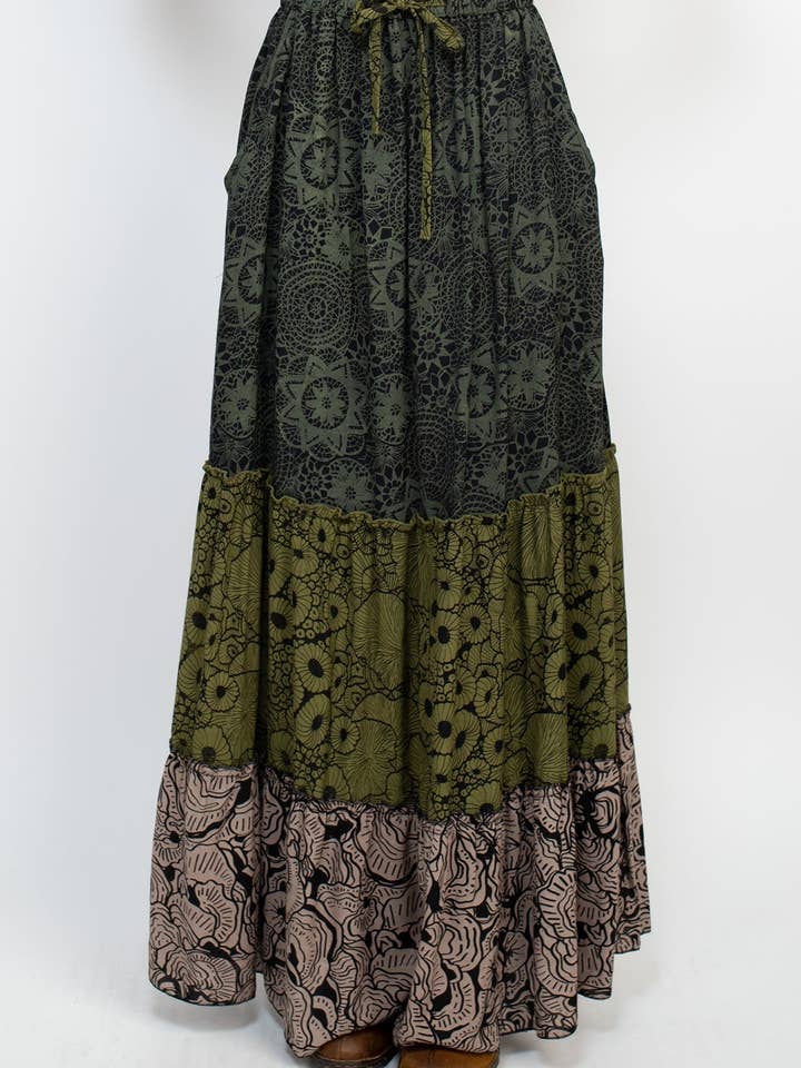 Tiered Lace Print Maxi Skirt for wholesale by Lakhays Collection Inc.