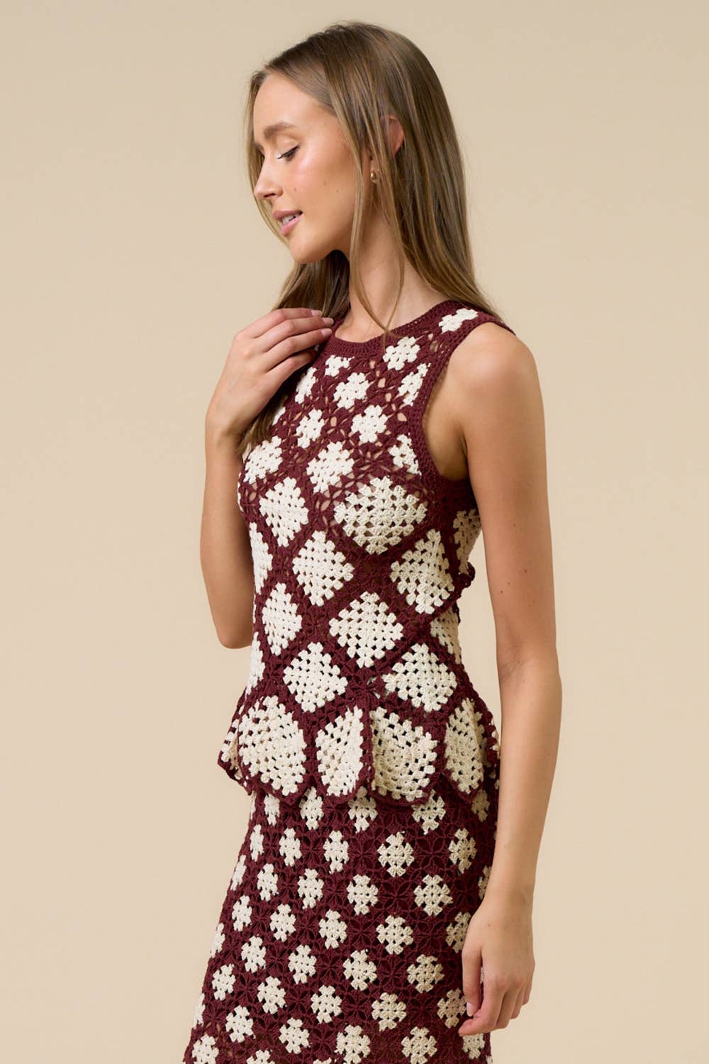 BROWN CREAM ILT5193 Crochet Flared Tank Top for wholesale on Faire2