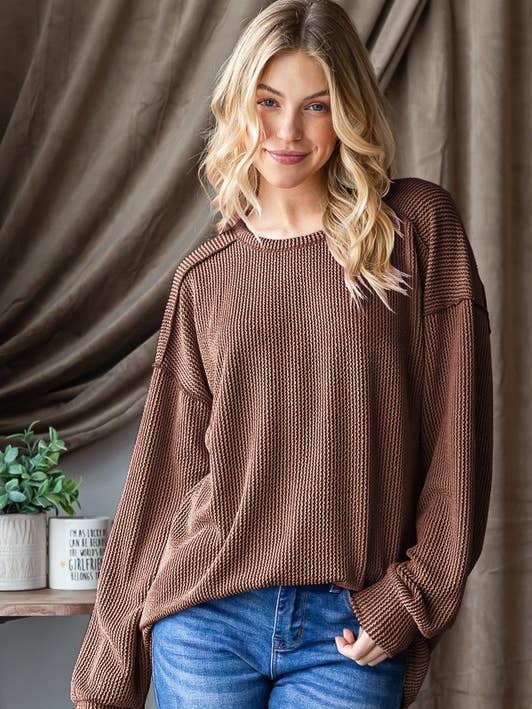 HEIMISH - Wholesale Knit Top - Women's - ET7684-10 LONG PUFF SLEEVE SOLID URBAN RIBBED TOP