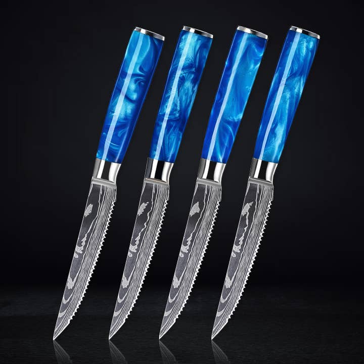 Senken Knives - Vendita all'ingrosso Set di coltelli - Set di coltelli da bistecca professionali - motivo damasco+resina blu