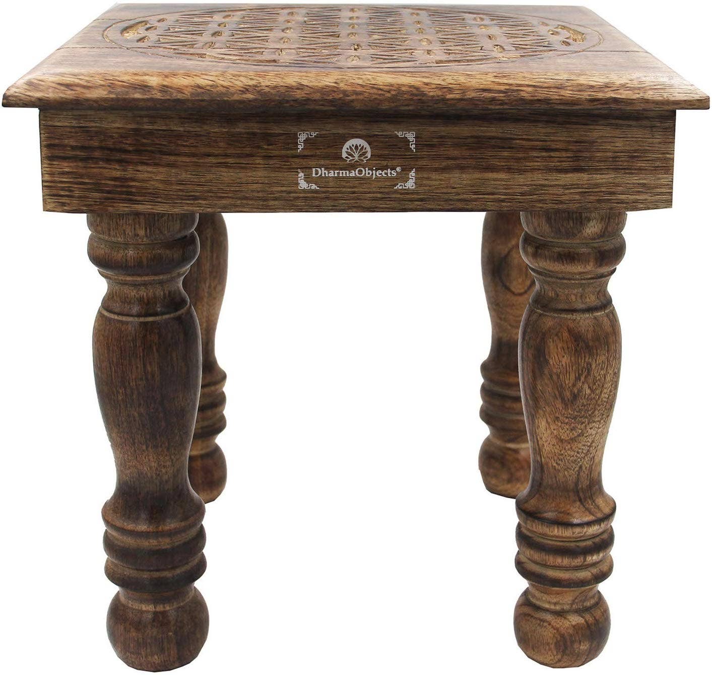 Lungta Imports - Wholesale Side Table - Solid Mango Wood Hand Carved Puja Shrine Altar Meditation Table Flower of Life2