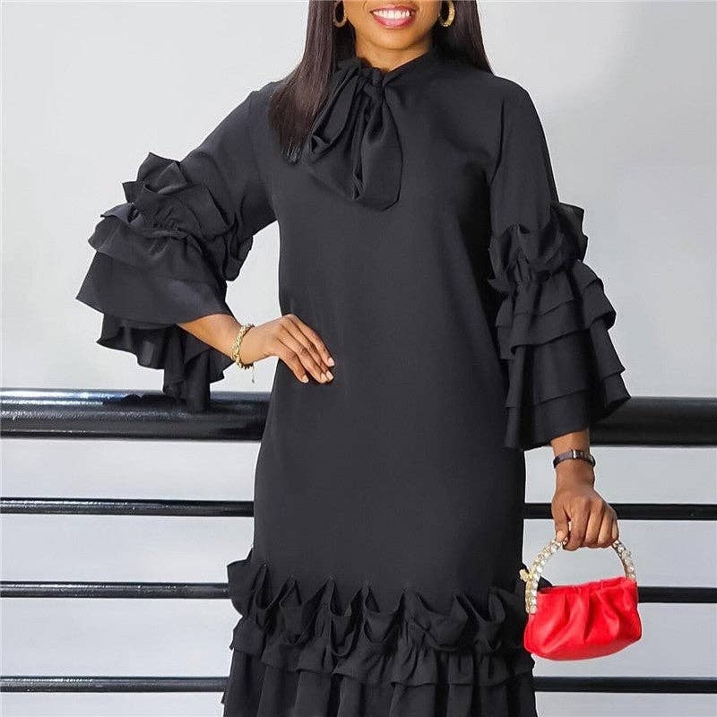 UZ Wholesale Store - Wholesale Dress - Women's - Stylish Ruffle Hem Trumpet Sleeve Dress0