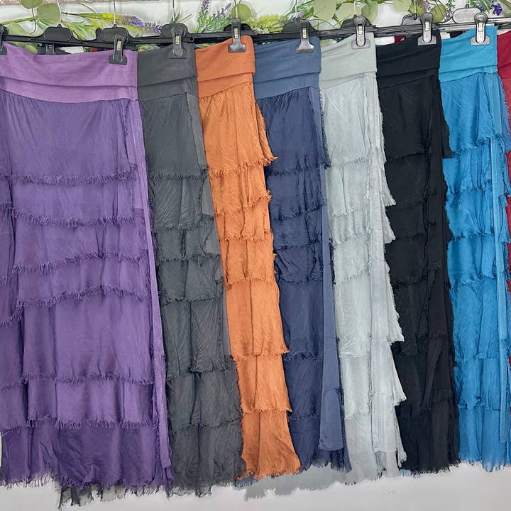 Silk Ruffle Skirt Fall Colors
No Tariffs Will Be Added for wholesale by Karamel Collection