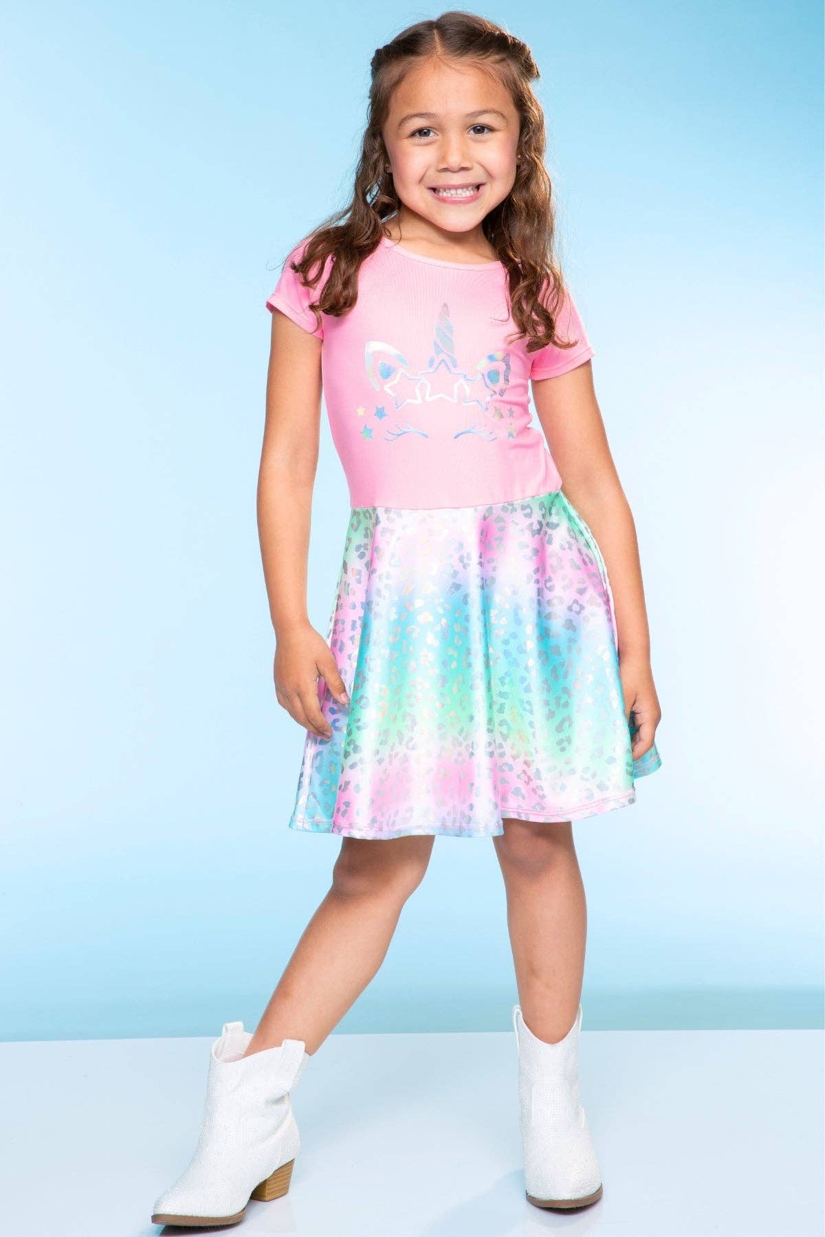 Rainbow Leopard Unicorn NEW  Foil Short Sleeve Skater Dress for wholesale on Faire2
