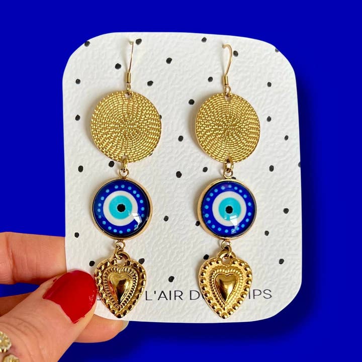 Örhängen med turkiskt öga och gyllene hjärta för wholesale av Dans l'Air du Temps Bijoux