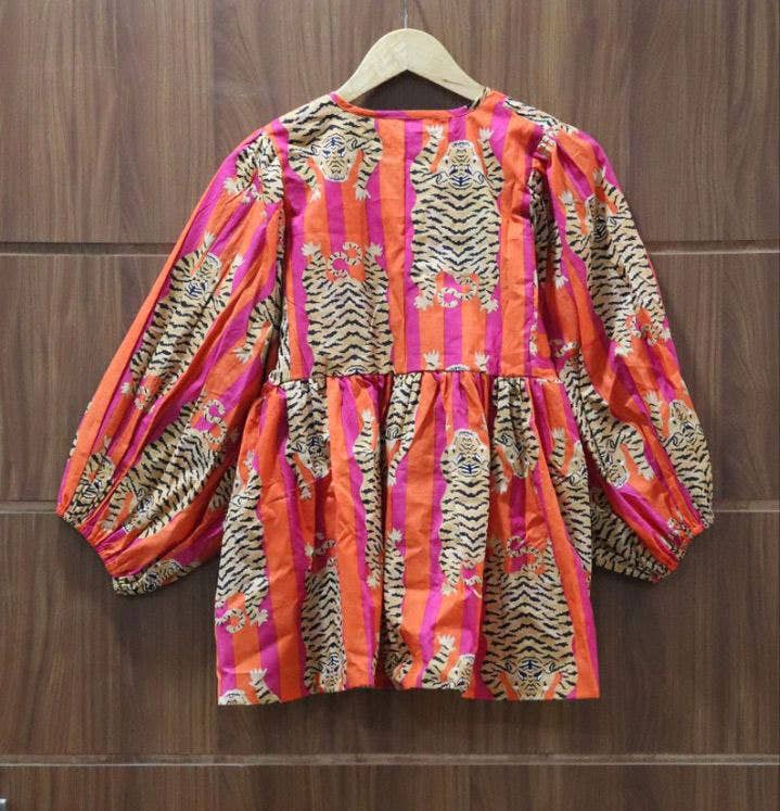 bhavnas boutique - Vendita all'ingrosso Vestito - Donna - Vestito midi con stampa a blocchi Arancione a righe e tigri3