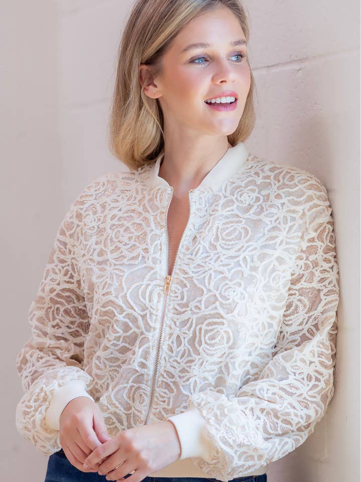 CHAMPAGNE HJ75060T-Long sleeve laced bomber jacket for wholesale on Faire
