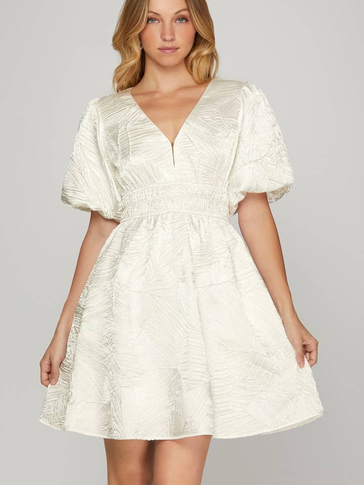 Balloon Sleeve Plunging Neck Crinkle Woven Dress for wholesale by Vanilla Monkey