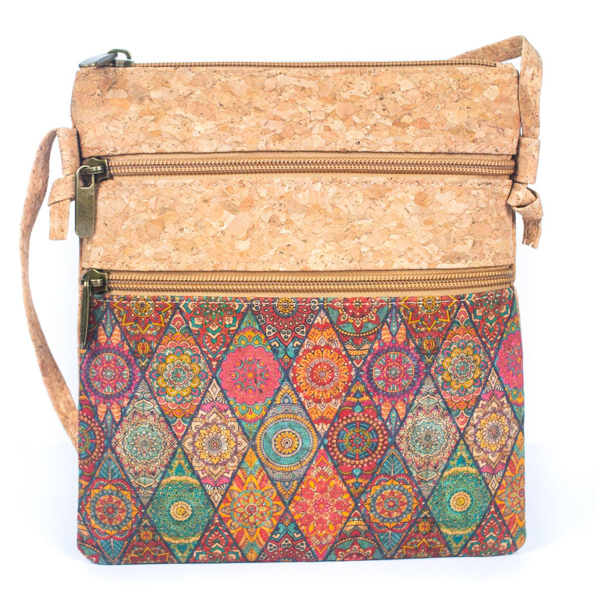 Meninas Bonitas Cork - Wholesale Crossbody Bag - Women's - Natural cork Patterned double zipper crossbody bag BAG-226511