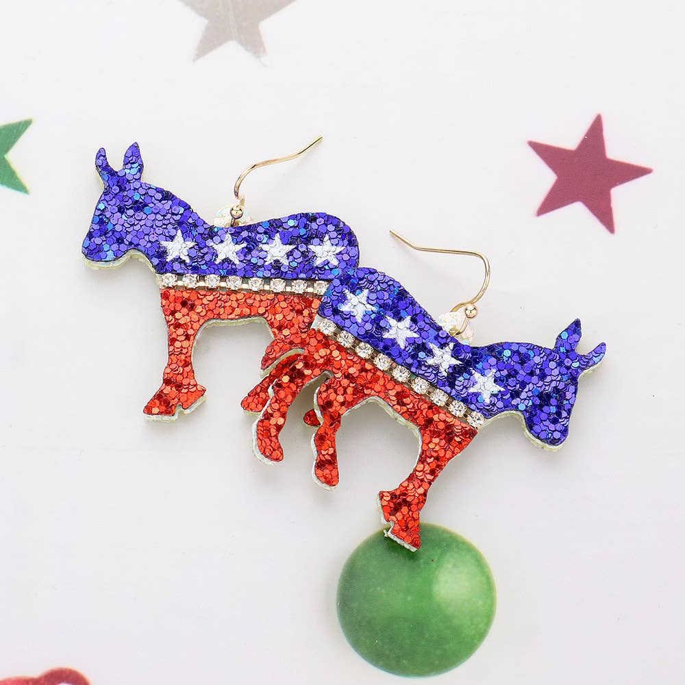 Sensibling Corp. - Wholesale Dangle Earrings - Glittered American USA Democrat Donkey Dangle Earrings