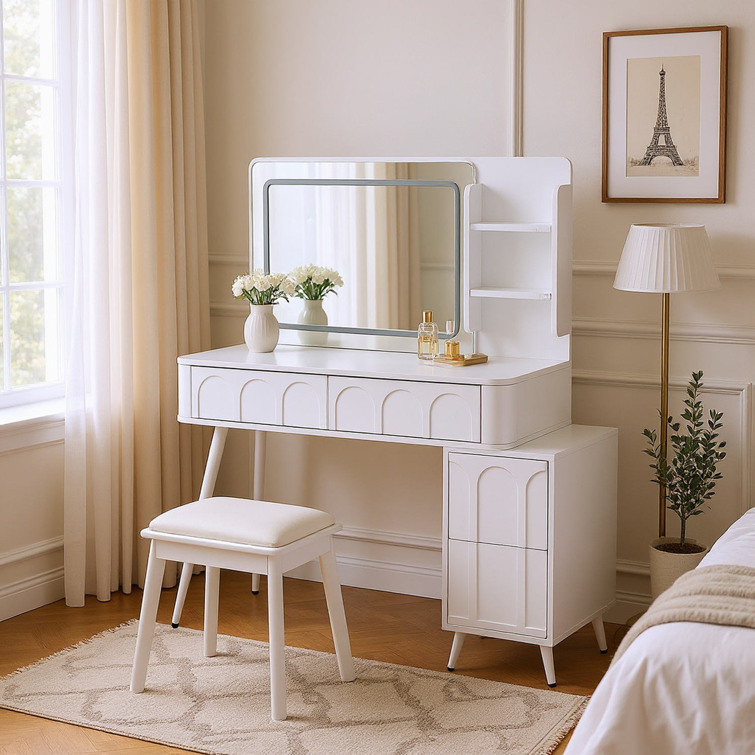 White Modern Makeup Vanity Desk with LED Lights & Mirror for wholesale on Faire15