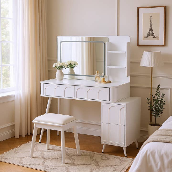 White Modern Makeup Vanity Desk with LED Lights & Mirror for wholesale on Faire15