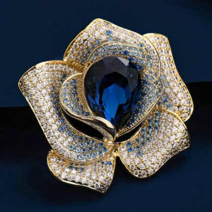Blue Zircon Crystal Rose Flower Brooches for Women Wedding for wholesale by Gaia Fashion Inc