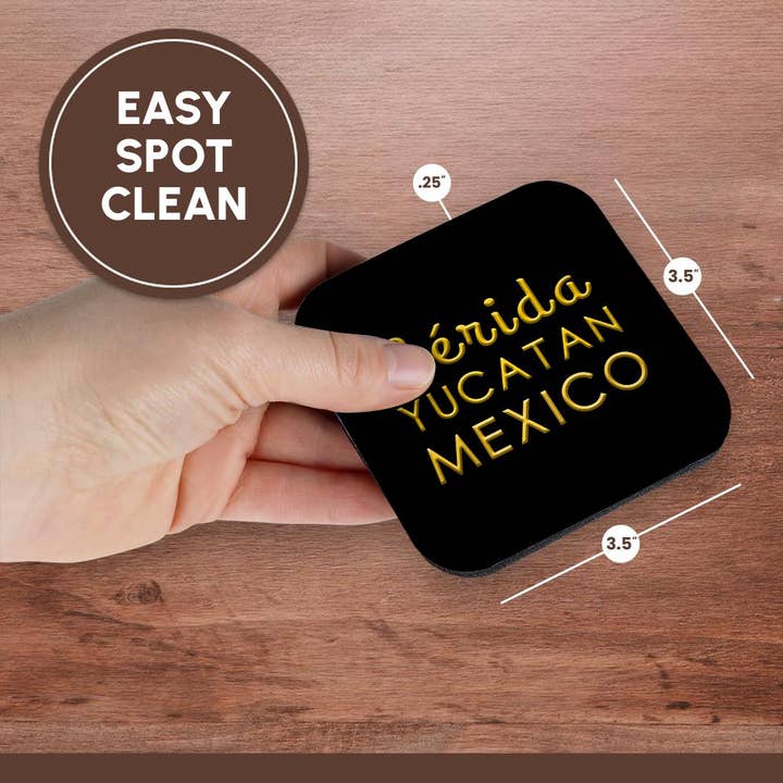 3dRose - Wholesale Coasters - 3dRose, Merida, Yucatan, Mexico, Yellow text on black. Patriot home town gift, Coaster13