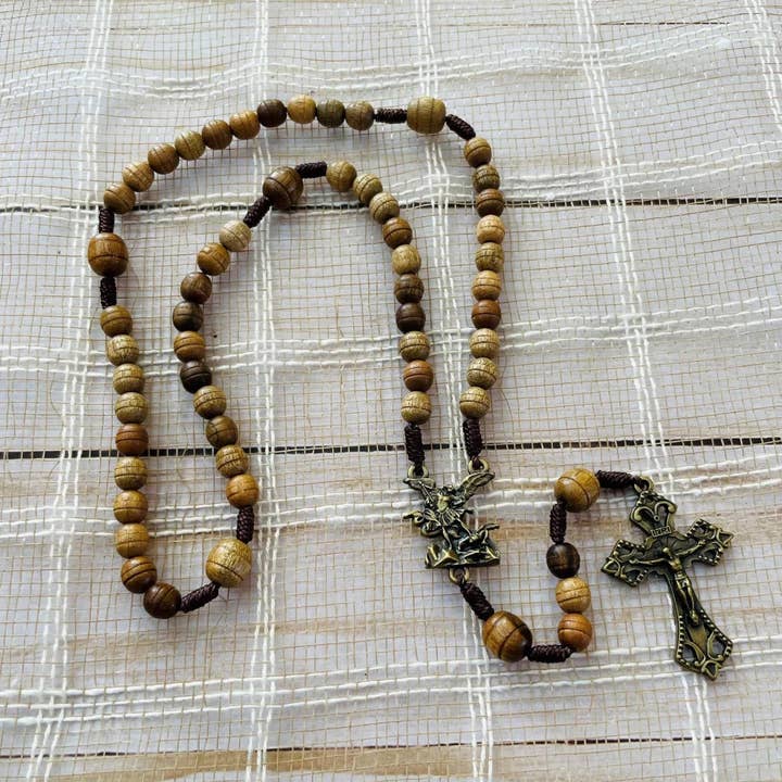 Oremus Mercy - Wholesale Prayer Beads Necklace - St. Michael Wooden Rosary 16”