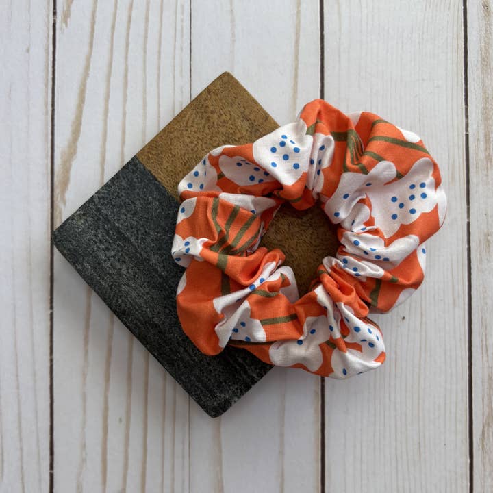 Orange with White Flowers Handmade Scrunchie for wholesale by QuietJoy
