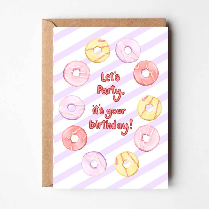 Faisons la fête - Carte de vœux d'anniversaire rayée des années 90 Party Ring pour la vente par Katie Tinkler illustration