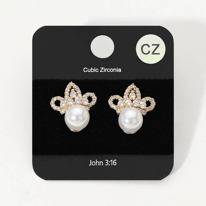 Sensibling Corp. - Vendita all'ingrosso Orecchini a bottone - Orecchini da sera a perno con corona impreziosita da CZ e perle.4