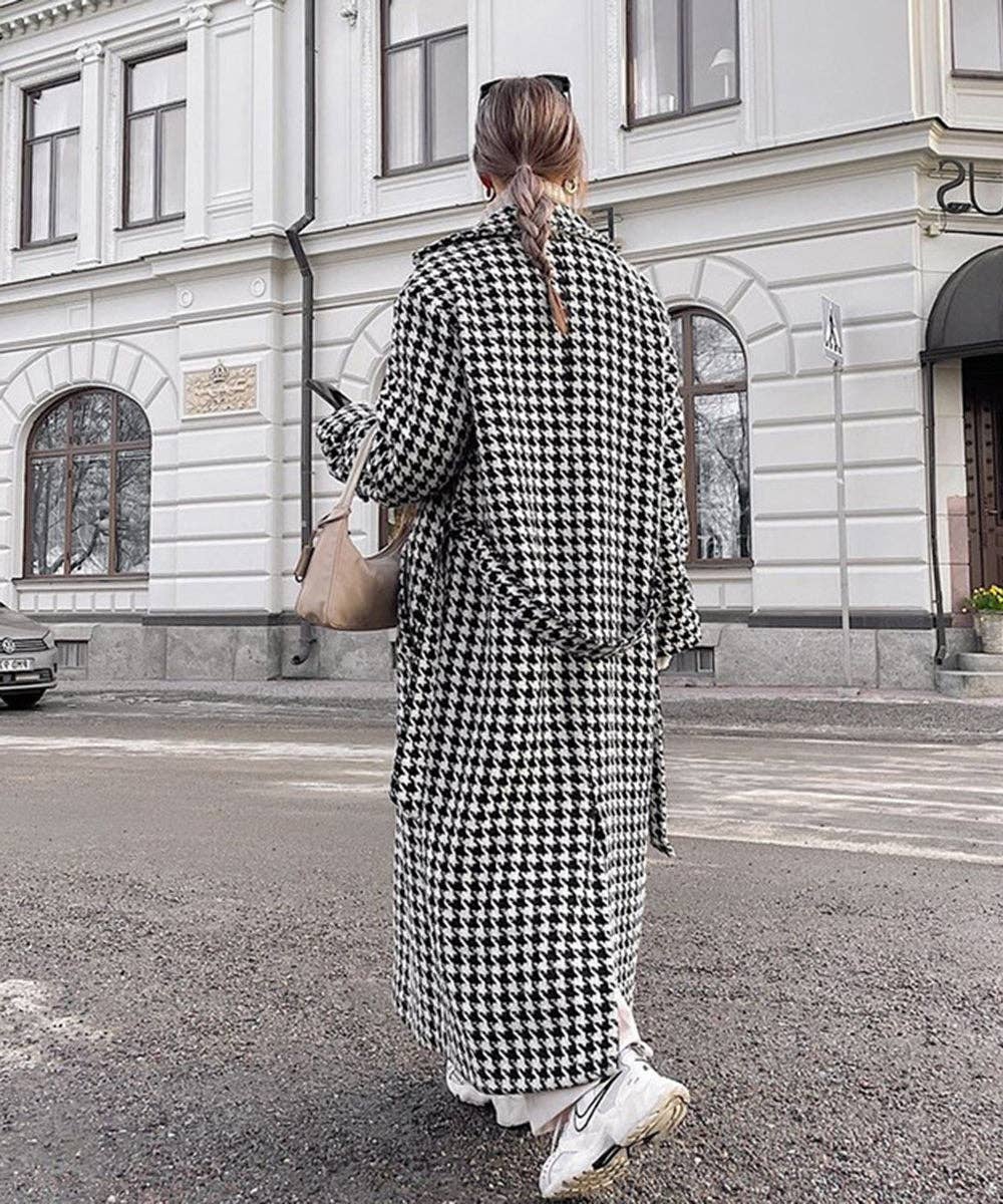 Black Houndstooth Check Belted Trench Coat for wholesale on Faire4