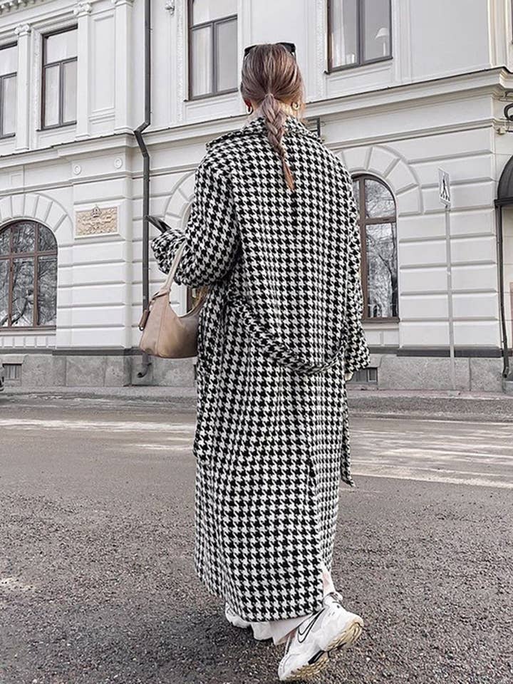 Black Houndstooth Check Belted Trench Coat for wholesale on Faire4
