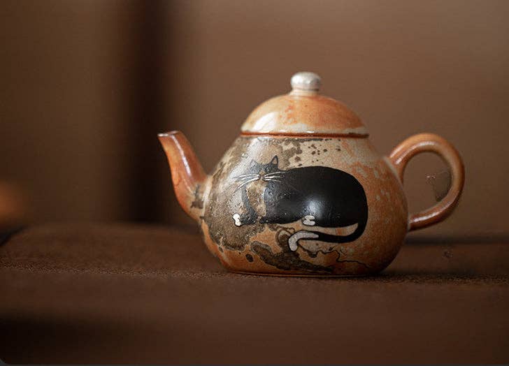 Gohobi （We cover U.S. import duties） – chaleira por atacado – Gohobi Bule de Chá de Gato Pintado à Mão com Tinta Preta Feito à Mão 0129