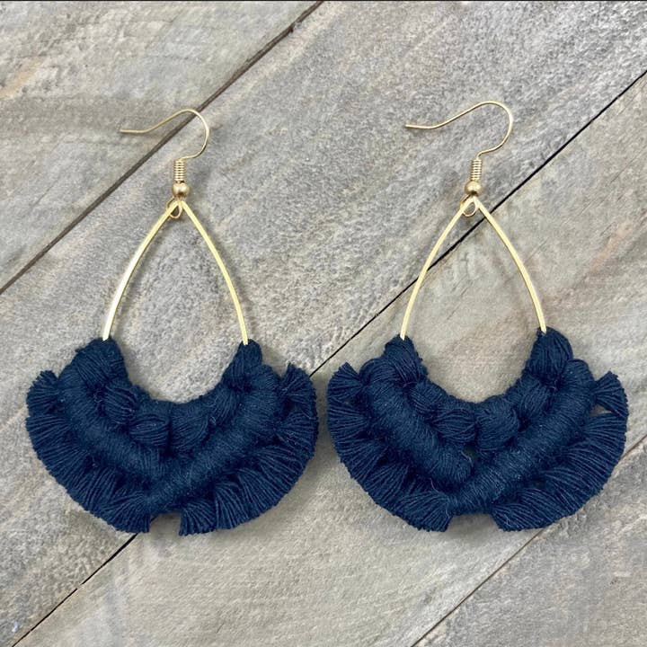 Large Teardrop Fringe Earrings - Black & Gold for wholesale by HK Macrame Jewelry
