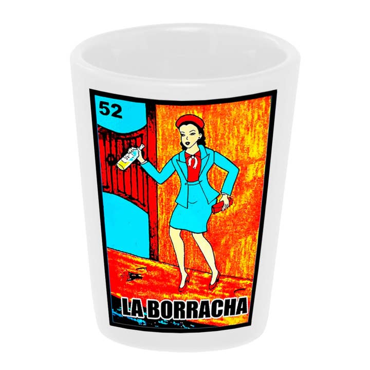 Bronze Baboon - Wholesale Shot Glass - "Loteria: Borracha" 1.5 oz. Ceramic Shot Glass