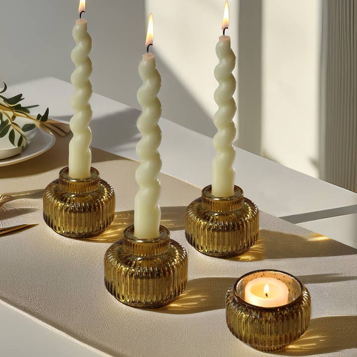 2-In-1 Fluted Gold Glass Taper Candlestick Candle Holders (Set Of 4) for wholesale by Kate Aspen
