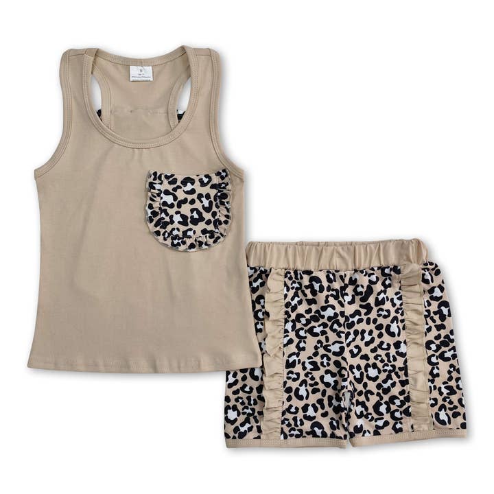 Sleeveless khaki leopard bow ruffle shorts girls clothes for wholesale by Yawoo Garments