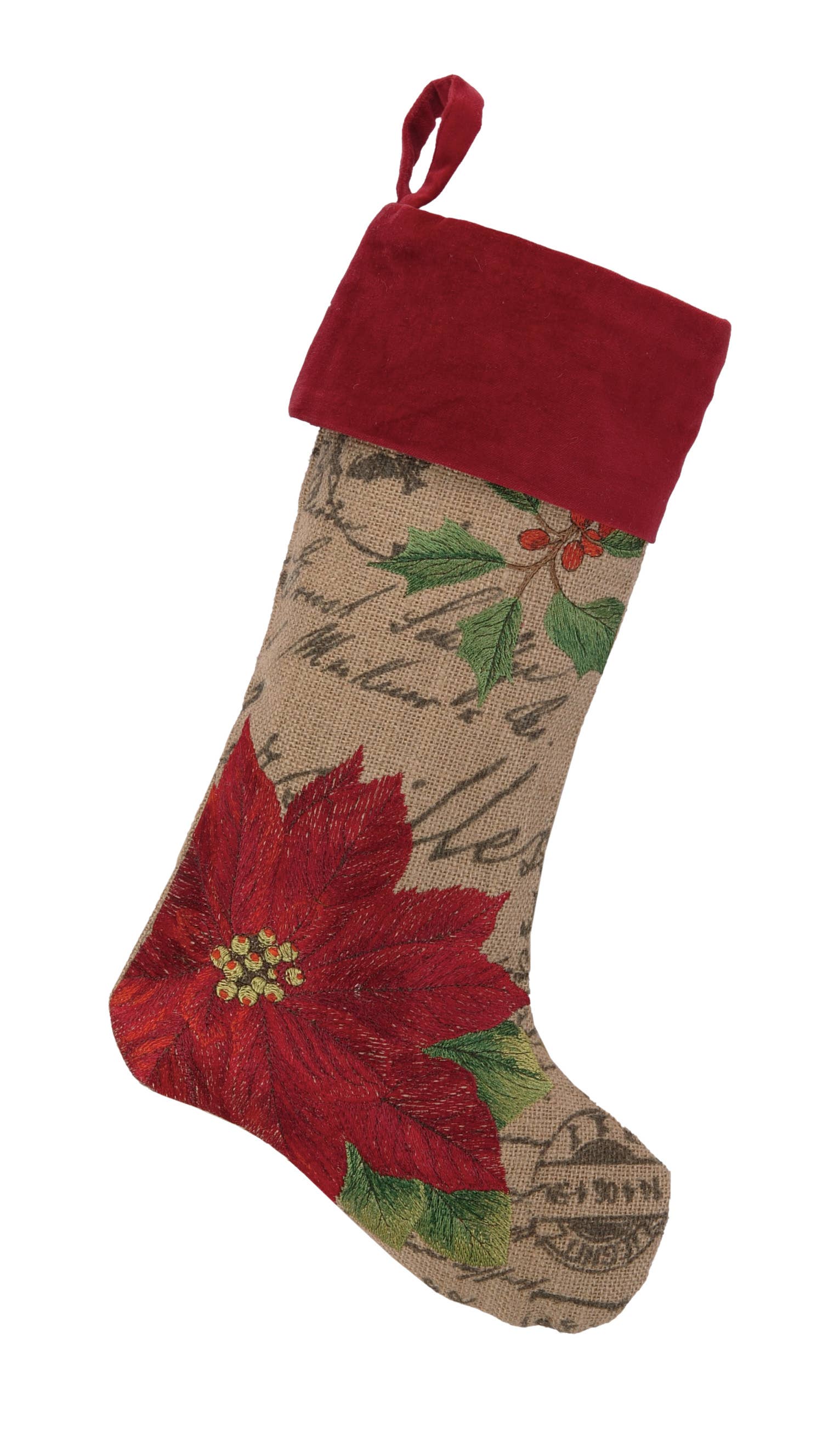 Peking Handicraft – wholesale Holiday Stocking – Poinsettia Burlap Stocking0