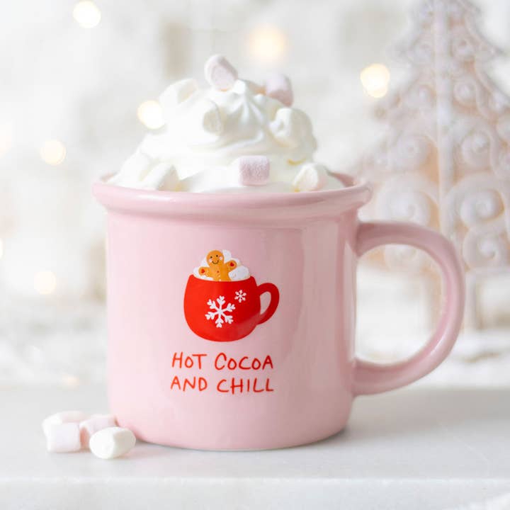 Pink Hot Cocoa and Chill Christmas Mug for wholesale by Something Different Wholesale