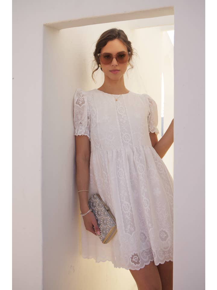 OFF WHITE FLORAL EMBROIDERY BABYDOLL MINI DRESS WITH BORDER for wholesale on Faire