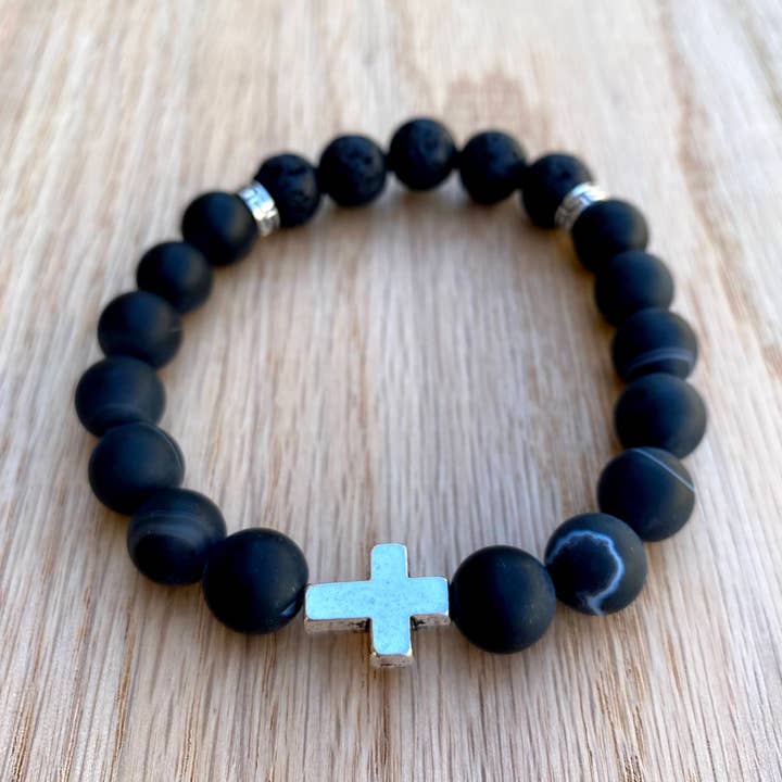 Zwarte sardonyx-armband voor heren met kruisdiffusor voor wholesale door Love N’ Lava Designs