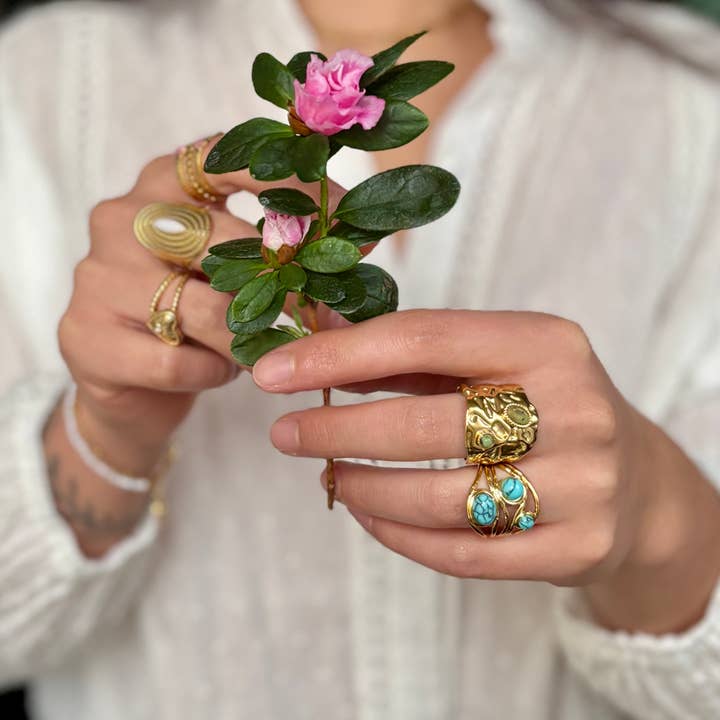 Ocean Ripples - Wholesale Cocktail/Statement Ring - 18ct Gold Plated Turquoise Multi Band Adjustable RingÂ
