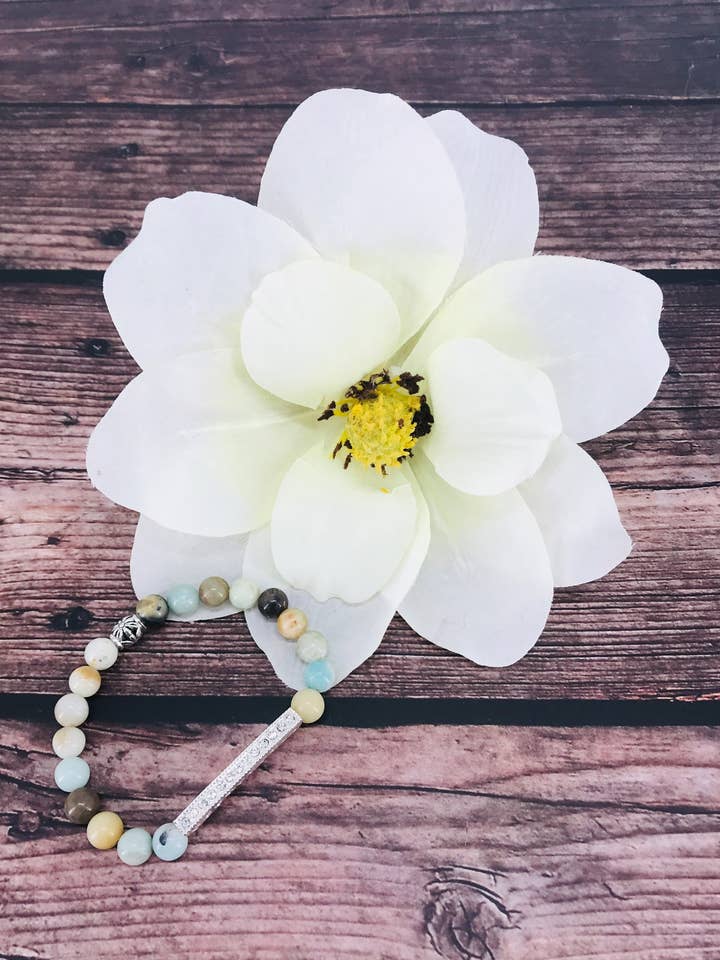 Amazonite Gemstone and Rhinestone Stretchy Bracelet - B1522 for wholesale by Magnolia & Peach Jewelry Boutique, LLC