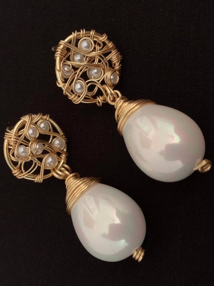 Shell Pearl Wire Wrapped Earrings in gold plated! for wholesale by Diana Wingert Jewelry