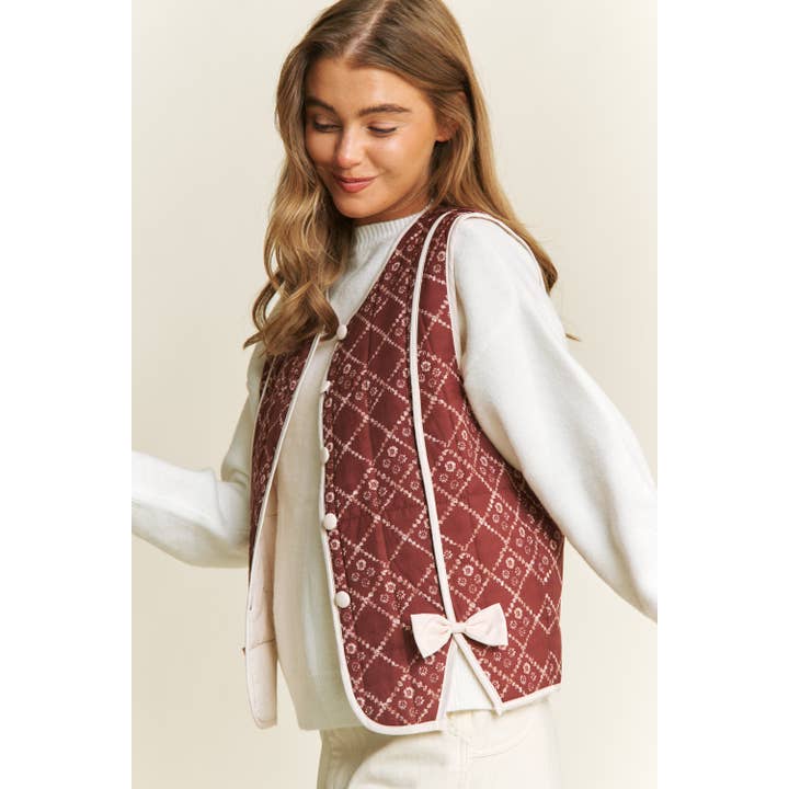 QUILTED PRINT BOW ACCENT VEST JACKET for wholesale by Sweet Generis