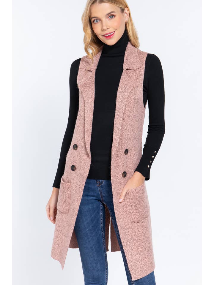 42POPS - Wholesale Outerwear Vest - Women's - ,_.._ SI-15549 Notched Collar With Side Pocket Long Sweater1